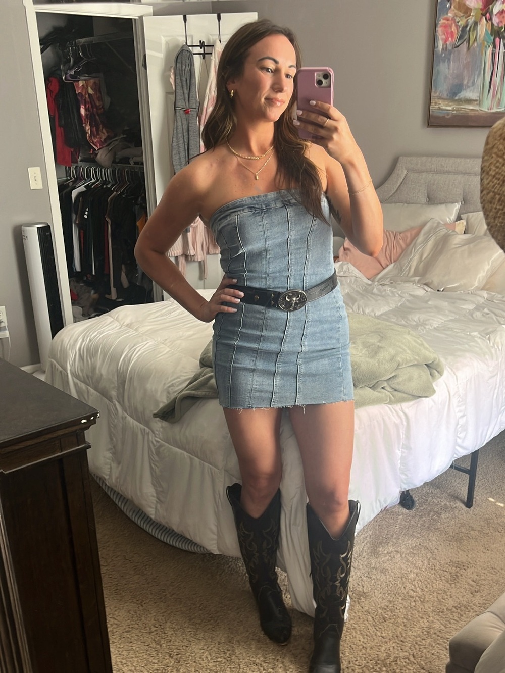 Princess Polly Strapless Fitted Denim Dress in Light Wash